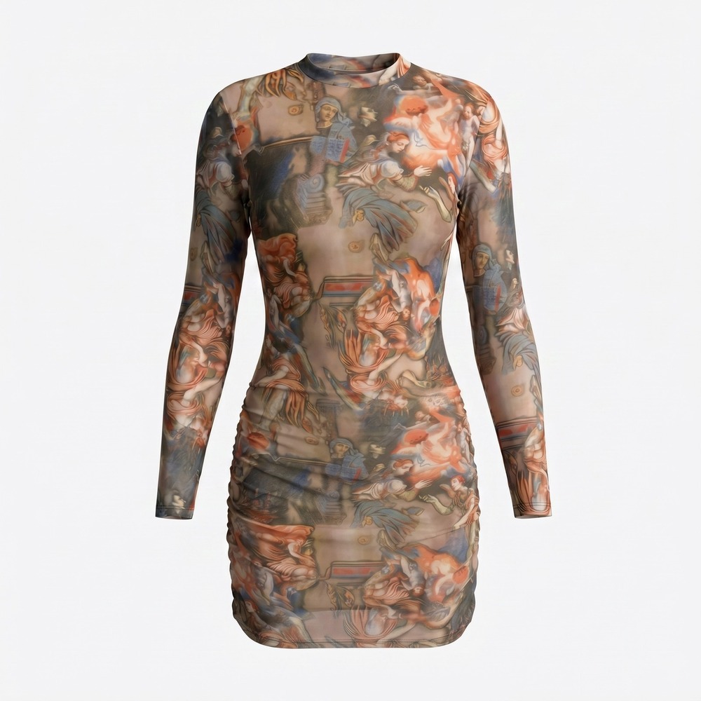 Privy Renaissance Mesh Mini Dress L Tan Multi Ruched Mock Neck Angelcore Art